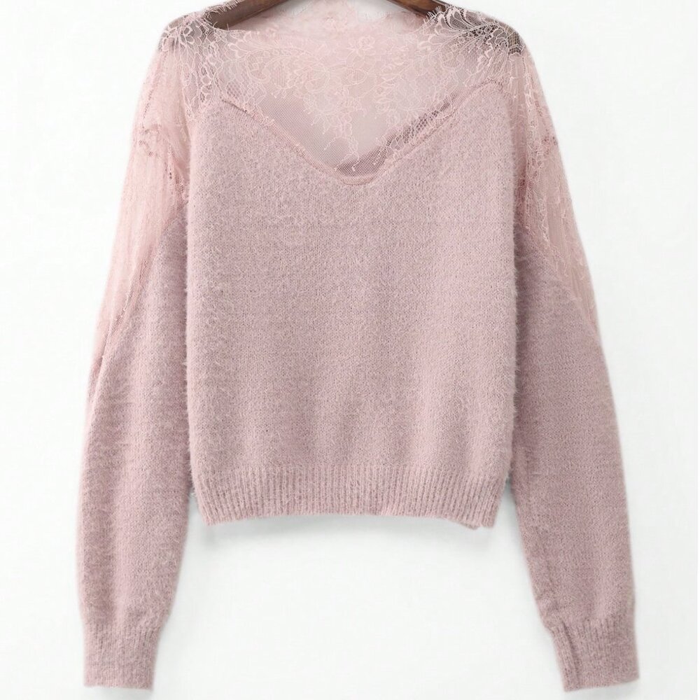 🤍 Blush Pink Lace Detail Knit Sweater – Size M